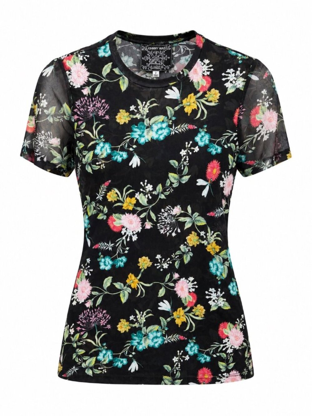 Johnny Was Jade Black Floral Mesh Short Sleeve Top S